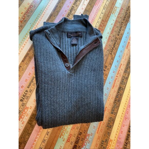 The Mens Store Bloomingdales Cashmere Silk Rib Sweater L Leather Trim 1/4 Zip - Picture 11 of 11